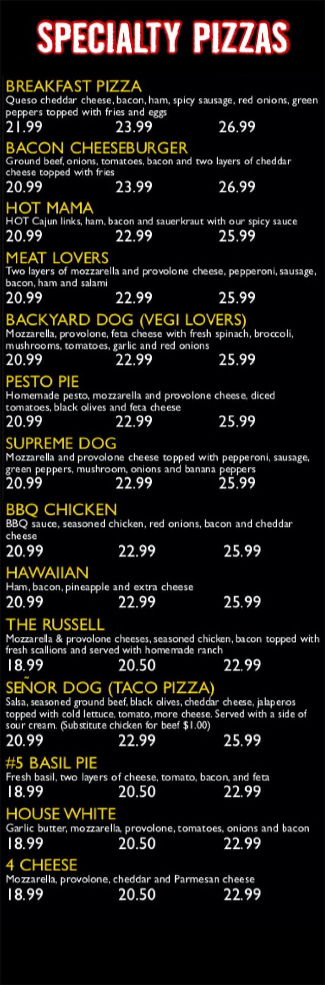 Menu Hounddog's Pizza